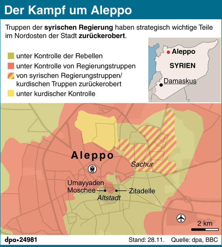 Karte von Aleppo mit den von syrischen Regierungstruppen zurückeroberten Gebieten. Karte von Aleppo mit den von syrischen Regierungstruppen zurückeroberten Gebieten.