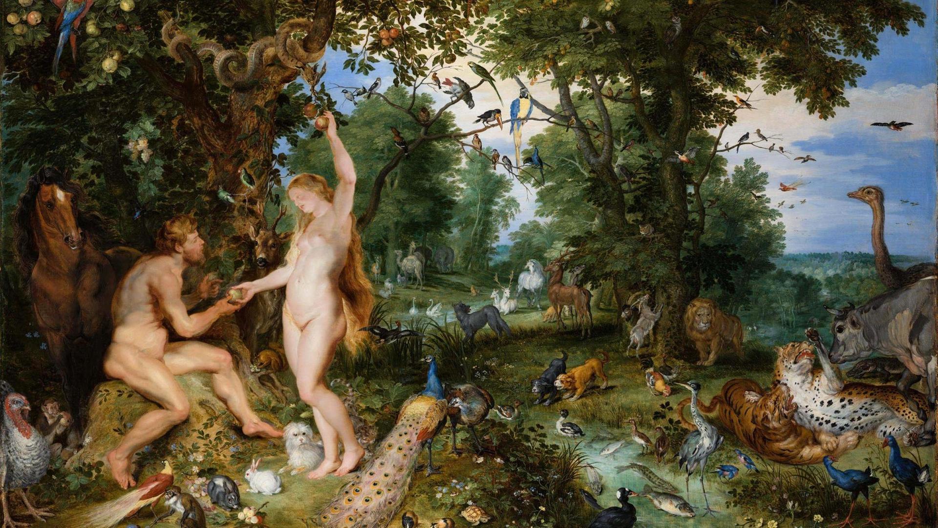 Gemälde "Der Garten Eden mit dem Sündenfall" um 1615, vom flämischen Maler Jan the Elder Brueghel. Gemälde "Der Garten Eden mit dem Sündenfall" um 1615, vom flämischen Maler Jan the Elder Brueghel.