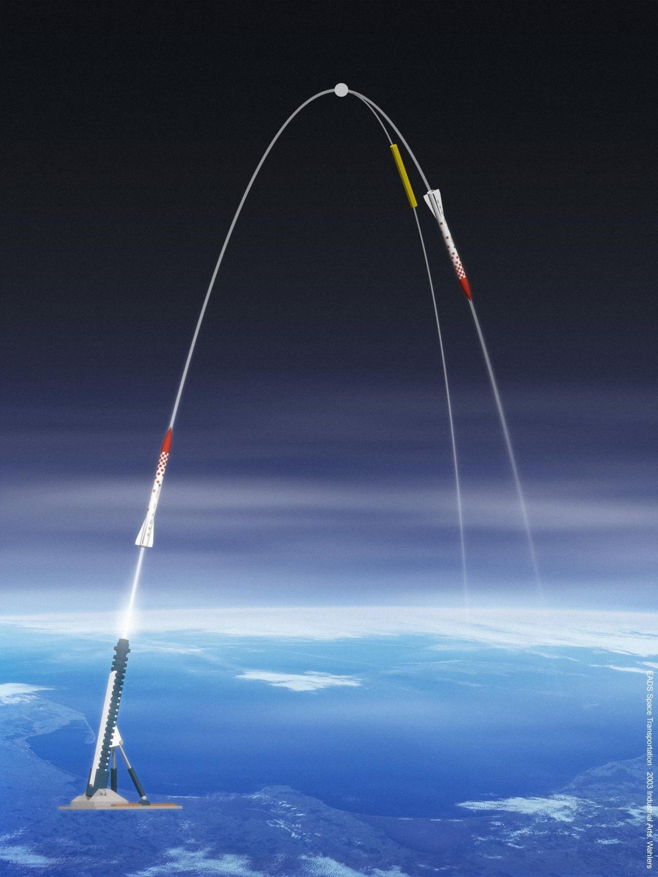 Die Illustration von EADS Space Transportation in Bremen zeigt den möglichen Flugverlauf einer durch einen Elektromagnetischen Schienenbeschleuniger (Railgun) abgeschossenen Nutzlast (z.B. Satellit) in die Erdumlaufbahn (Bild undatiert). Ein für diese Vision benötigtes High-Tech-Gerät von sechs Metern Länge steht zur Zeit im deutsch-französischen Forschungsinstitut Saint Louis. Die Illustration von EADS Space Transportation in Bremen zeigt den möglichen Flugverlauf einer durch einen Elektromagnetischen Schienenbeschleuniger (Railgun) abgeschossenen Nutzlast (z.B. Satellit) in die Erdumlaufbahn (Bild undatiert). Ein für diese Vision benötigtes High-Tech-Gerät von sechs Metern Länge steht zur Zeit im deutsch-französischen Forschungsinstitut Saint Louis.