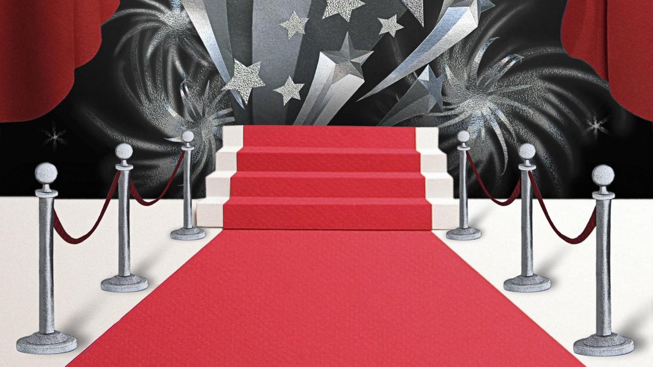 Eine Illustration eines roten Teppichs, der zu einer leerer Bühne führt. Zwischen einem roten Theatervorhang prangen viele silberne Sterne vor schwarzem Hintergrund. Eine Illustration eines roten Teppichs, der zu einer leerer Bühne führt. Zwischen einem roten Theatervorhang prangen viele silberne Sterne vor schwarzem Hintergrund.