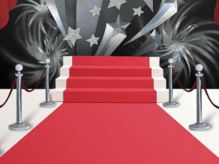 Eine Illustration eines roten Teppichs, der zu einer leerer Bühne führt. Zwischen einem roten Theatervorhang prangen viele silberne Sterne vor schwarzem Hintergrund.