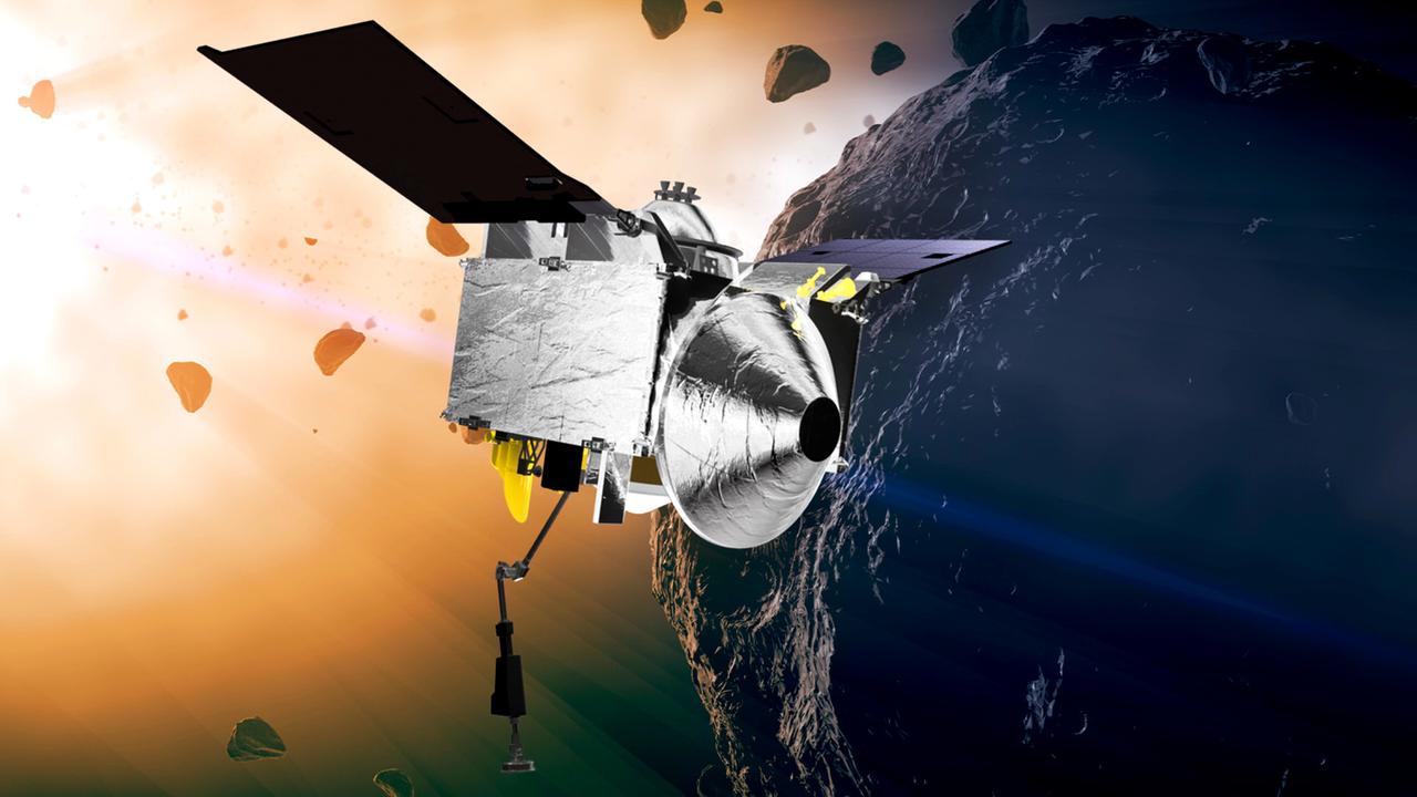 Osiris-REx und Asteroid Bennu auf einer Illustration der NASA Osiris-REx und Asteroid Bennu auf einer Illustration der NASA