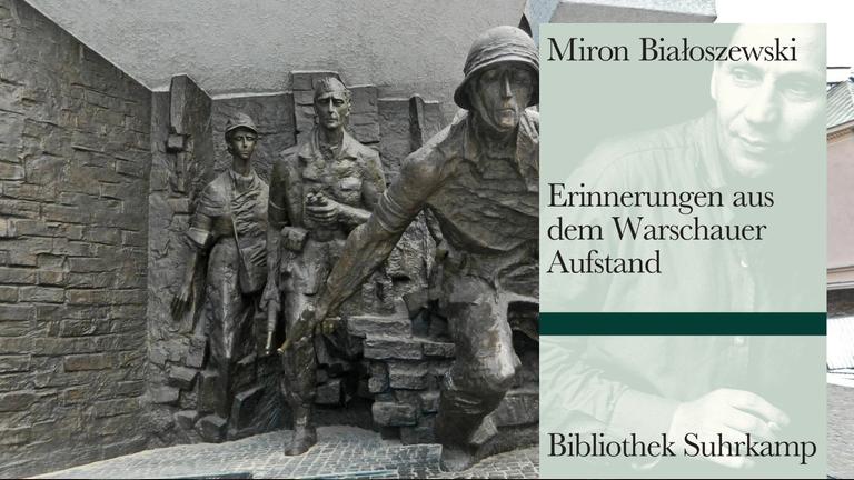 Buchcover Miron Białoszewski "Erinnerungen aus dem Warschauer Aufstand". Im Hintergrund Denkmal des Warschauer Aufstands am Krasinski Platz in Warschau am 04.07.14. Hier befand sich zur Zeit des Aufstands ein Einstiegsschacht in einen Kanal, durch den die Menschen vor den Deutschen flohen. Buchcover Miron Białoszewski "Erinnerungen aus dem Warschauer Aufstand". Im Hintergrund Denkmal des Warschauer Aufstands am Krasinski Platz in Warschau am 04.07.14. Hier befand sich zur Zeit des Aufstands ein Einstiegsschacht in einen Kanal, durch den die Menschen vor den Deutschen flohen.