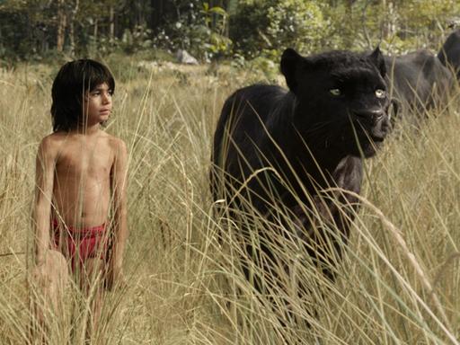 Mogli (gespielt von Neel Sethi) und Bagheera aus dem Film "The Jungle Book"