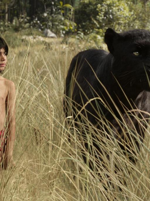 Mowgli (gespielt von Neel Sethi) und Bagheera aus dem Film "The Jungle Book"