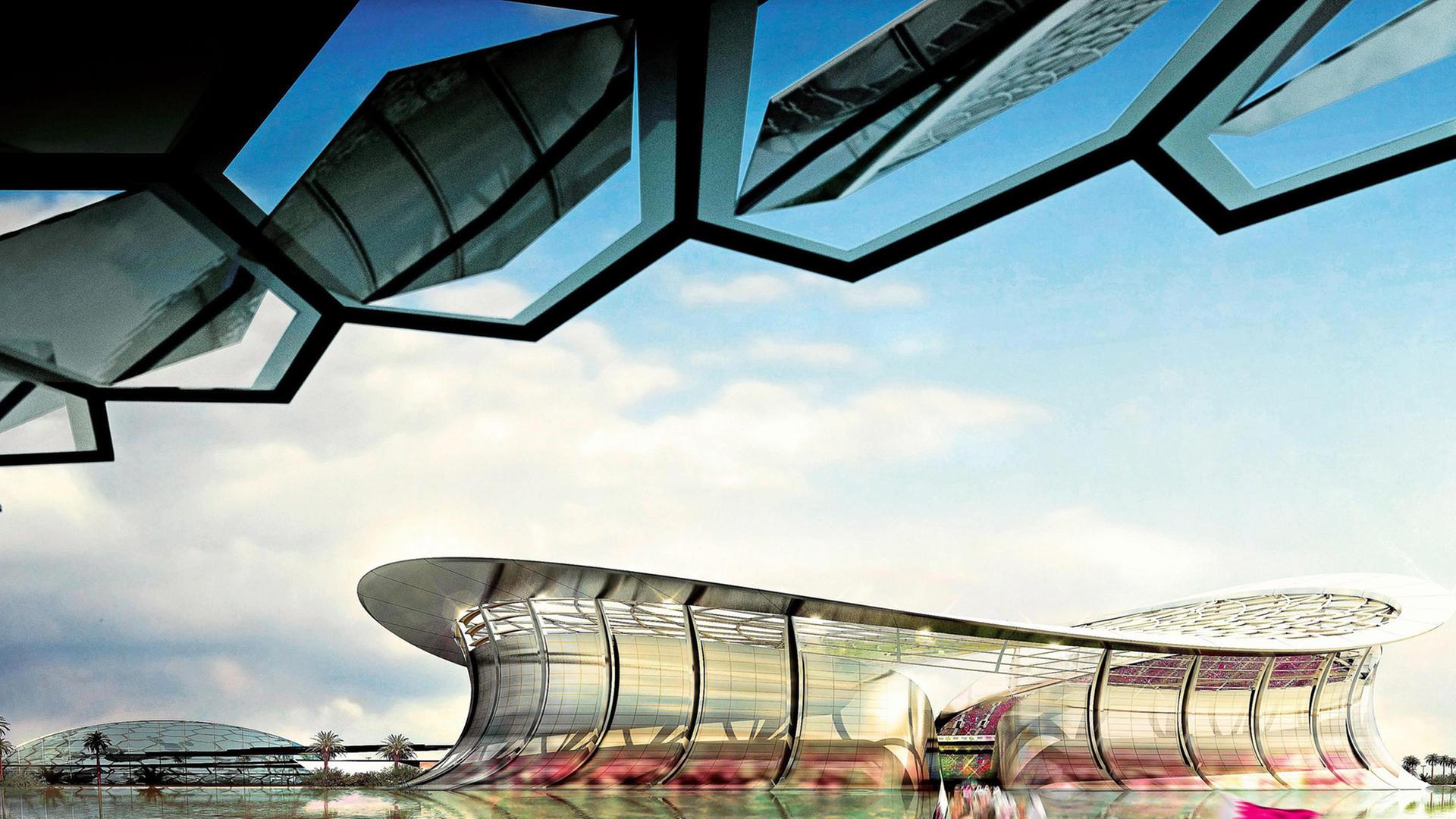 Ein Stadion in dem arabischen Emirat Katar. Da findet 2022 die Fußball-Weltmeisterschaft statt