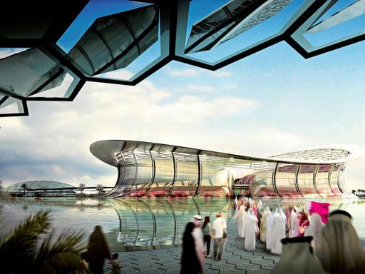 Ein Stadion in dem arabischen Emirat Katar. Da findet 2022 die Fußball-Weltmeisterschaft statt