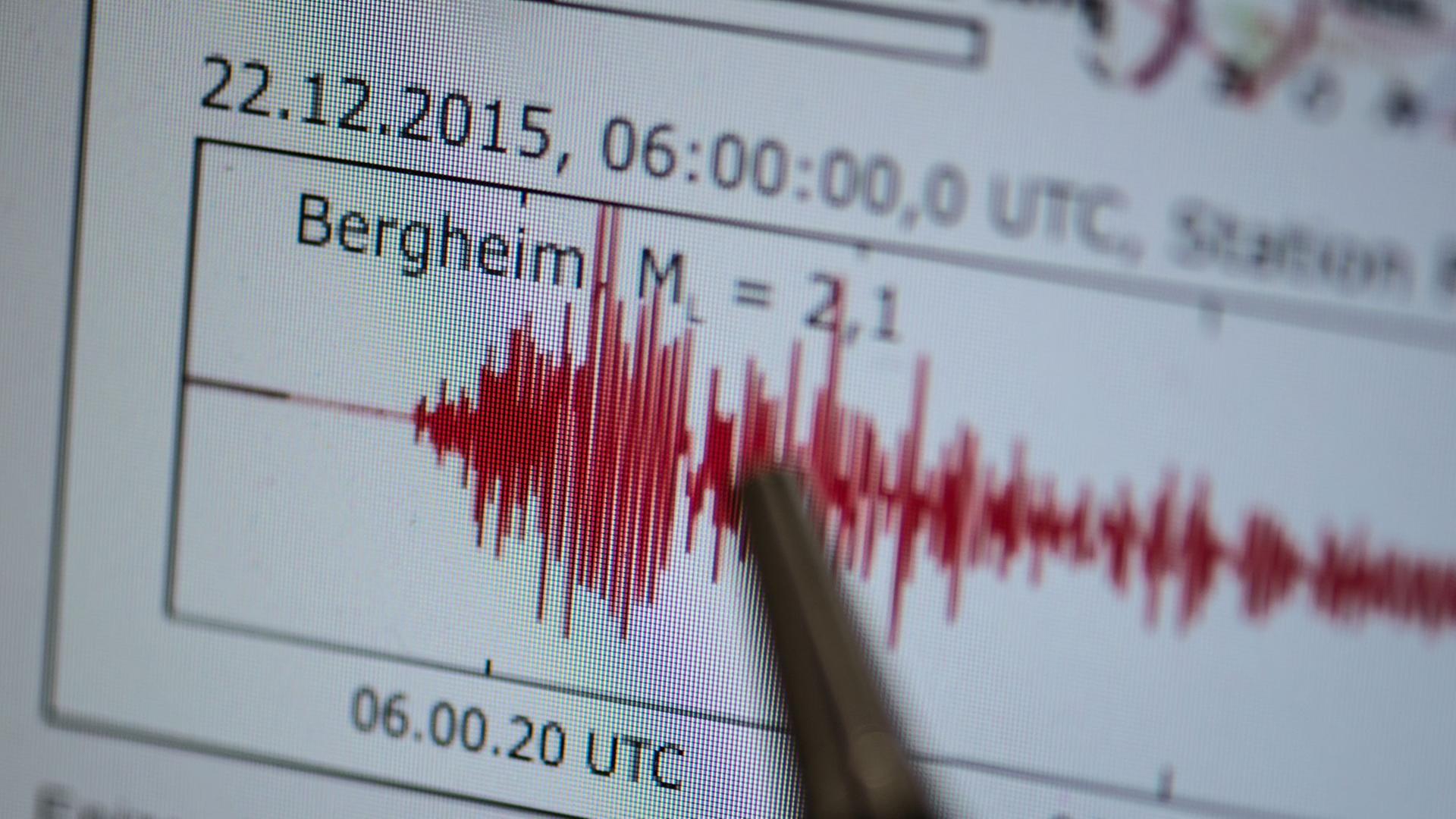 Ein Erdbeben wird am 22.12.2015 in Düsseldorf (Nordrhein- Westfalen) auf einem Computer-Monitor angezeigt. Die Erde hat um fast genau 7.00 Uhr am Dienstag nördlich von Bergheim im Rhein-Erft-Kreis gebebt. Ein Erdbeben wird am 22.12.2015 in Düsseldorf (Nordrhein- Westfalen) auf einem Computer-Monitor angezeigt. Die Erde hat um fast genau 7.00 Uhr am Dienstag nördlich von Bergheim im Rhein-Erft-Kreis gebebt.