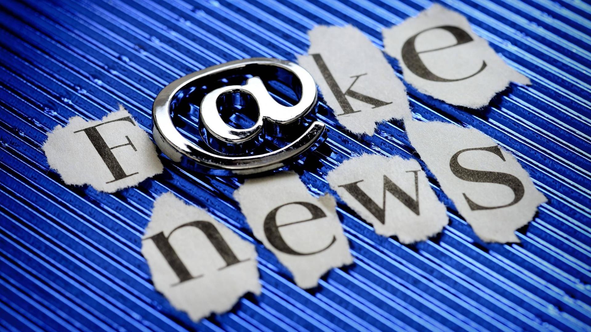 Schriftzug Fake News mit At-Zeichen. Schriftzug Fake News mit At-Zeichen.