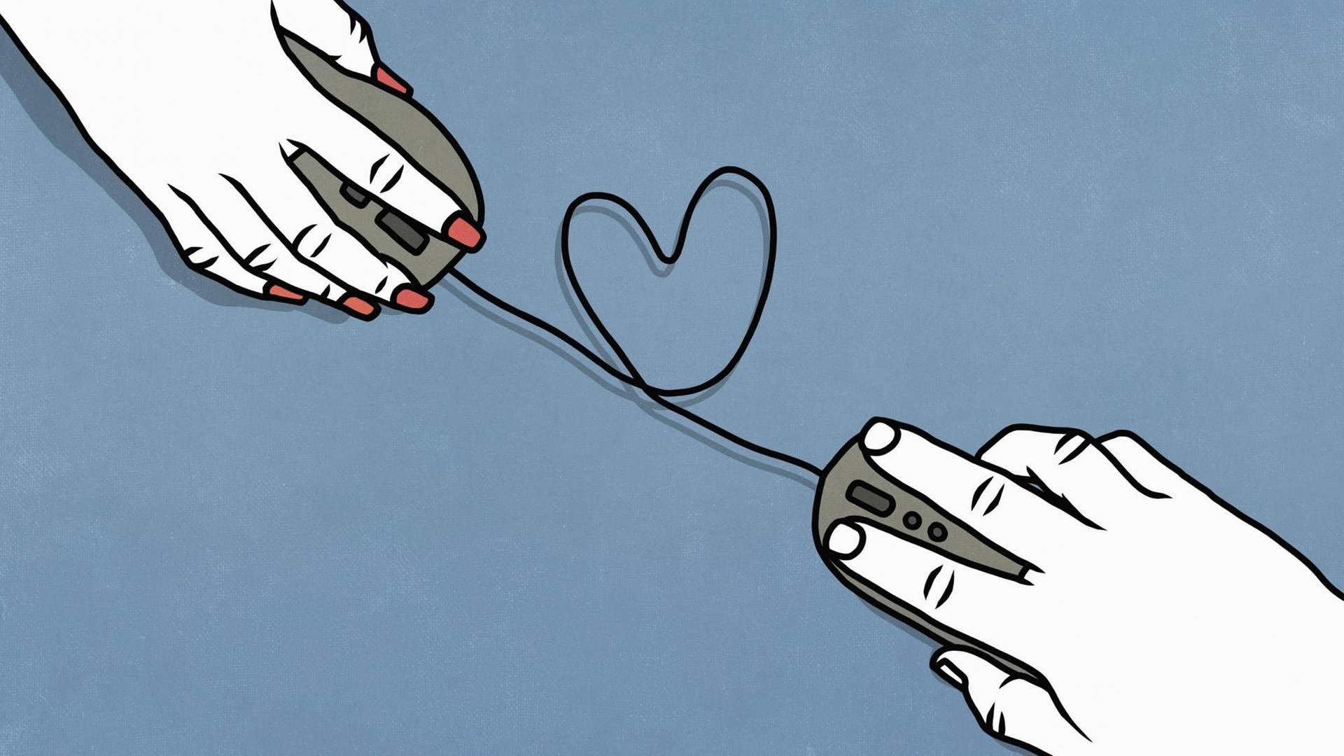 Zwei Hände an Computermäusen, die in herzform verknotet miteinander verbunden sind. Zwei Hände an Computermäusen, die in herzform verknotet miteinander verbunden sind.