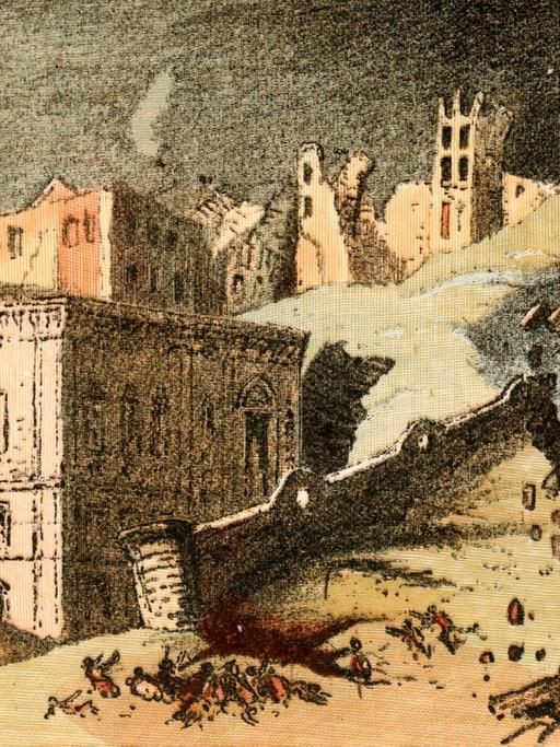 Zeichnung der Zerstörungen des großen Erdbebens von Lissabon im November 1755.