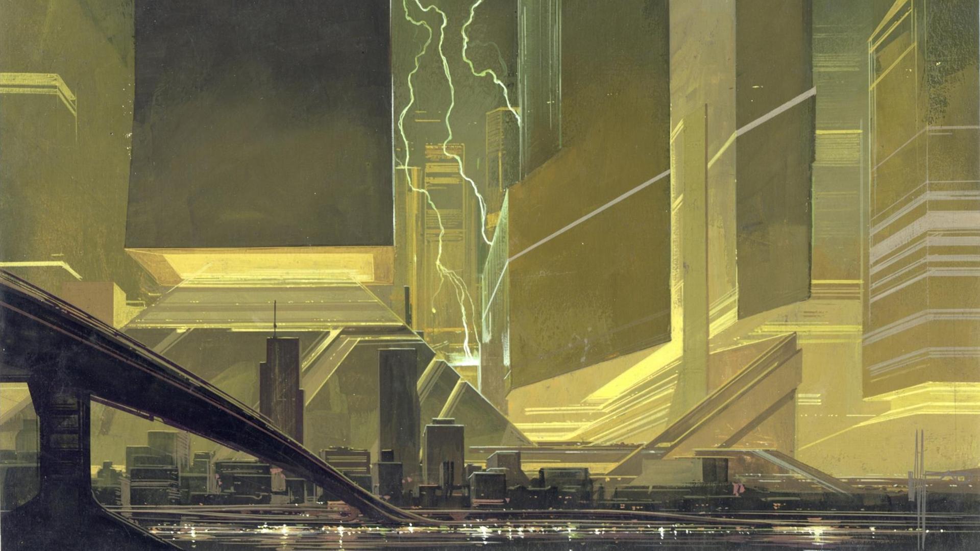 Darstellung einer futuristische Großstadt-Silhouette von Syd Mead. Darstellung einer futuristische Großstadt-Silhouette von Syd Mead.