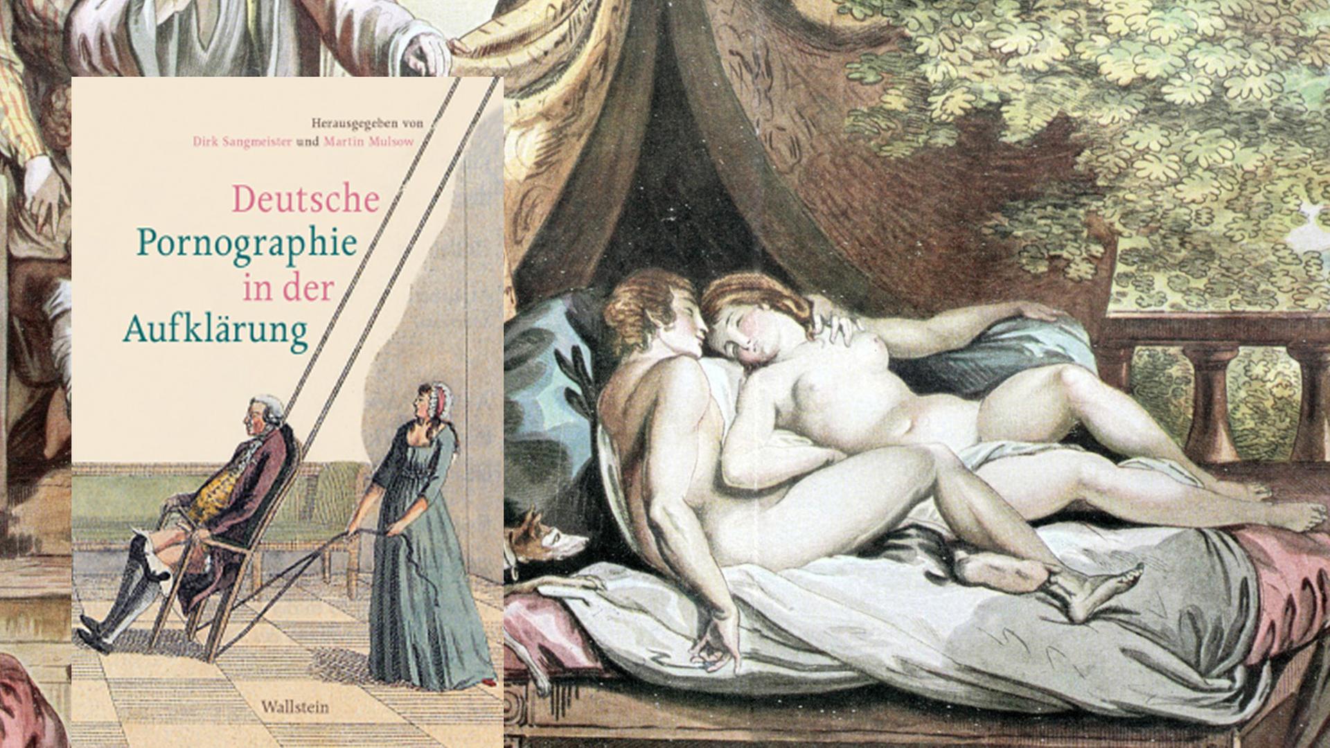 Buchcover "Deutsche Pornographie in der Aufklärung" und "Das überraschte Liebespaar", handkolorierter Kupferstich von J.A. Ramberg aus dem Jahr 1799 (Ausschnitt)