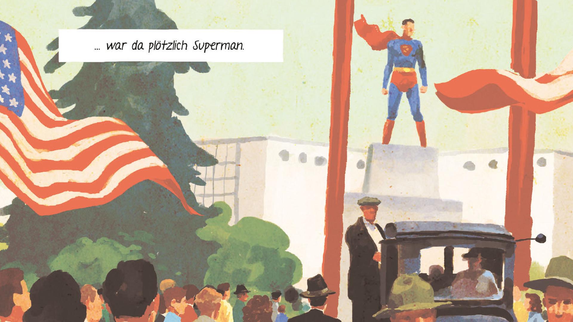 Auf dem Ausschnitt aus dem Comic "Joe Shuster. Vater der Superhelden" von Julian Voloj und Thomas Campi ist Superman in einer Straßenszene zu sehen.
