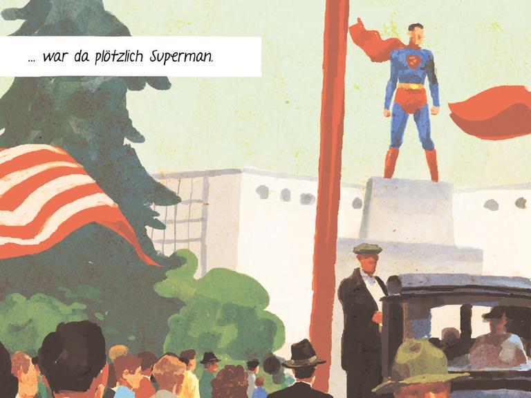 Auf dem Ausschnitt aus dem Comic "Joe Shuster. Vater der Superhelden" von Julian Voloj und Thomas Campi ist Superman in einer Straßenszene zu sehen.