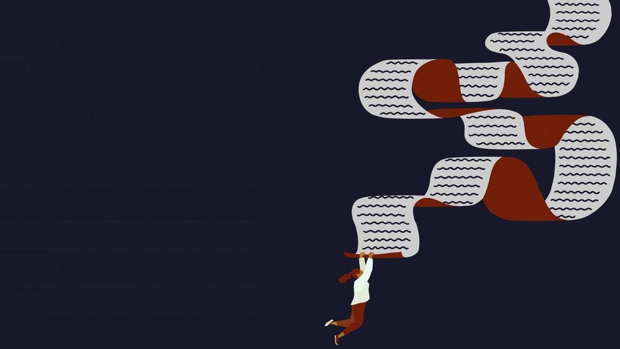 Illustration einer Frau mit einer langen Liste vor blauem Hintergrund. Illustration einer Frau mit einer langen Liste vor blauem Hintergrund.