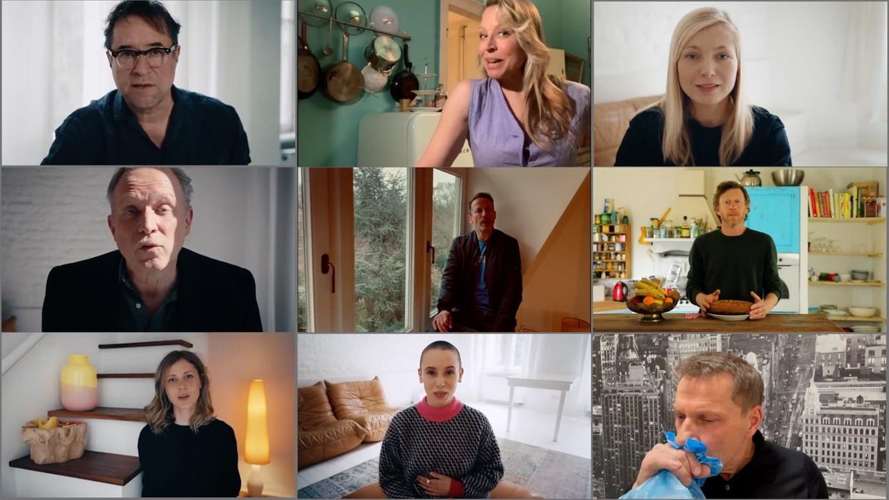 Die Kombo aus einzelnen Video-Standbildern der Internetaktion #allesdichtmachen via Youtube zeigt Schauspieler, die sich an der Internetaktion unter dem Motto #allesdichtmachen beteiligen: Obere Reihe l-r Jan-Josef Liefers, Nina Proll, Nadja Uhl, mittlere Reihe l-r Ulrich Tukur, Wotan Wilke Möhring, Maxim Mehmet und untere Reihe l-r Katharina Schlothauer, Peri Baumeister, Richy Müller. Die Kombo aus einzelnen Video-Standbildern der Internetaktion #allesdichtmachen via Youtube zeigt Schauspieler, die sich an der Internetaktion unter dem Motto #allesdichtmachen beteiligen: Obere Reihe l-r Jan-Josef Liefers, Nina Proll, Nadja Uhl, mittlere Reihe l-r Ulrich Tukur, Wotan Wilke Möhring, Maxim Mehmet und untere Reihe l-r Katharina Schlothauer, Peri Baumeister, Richy Müller.
