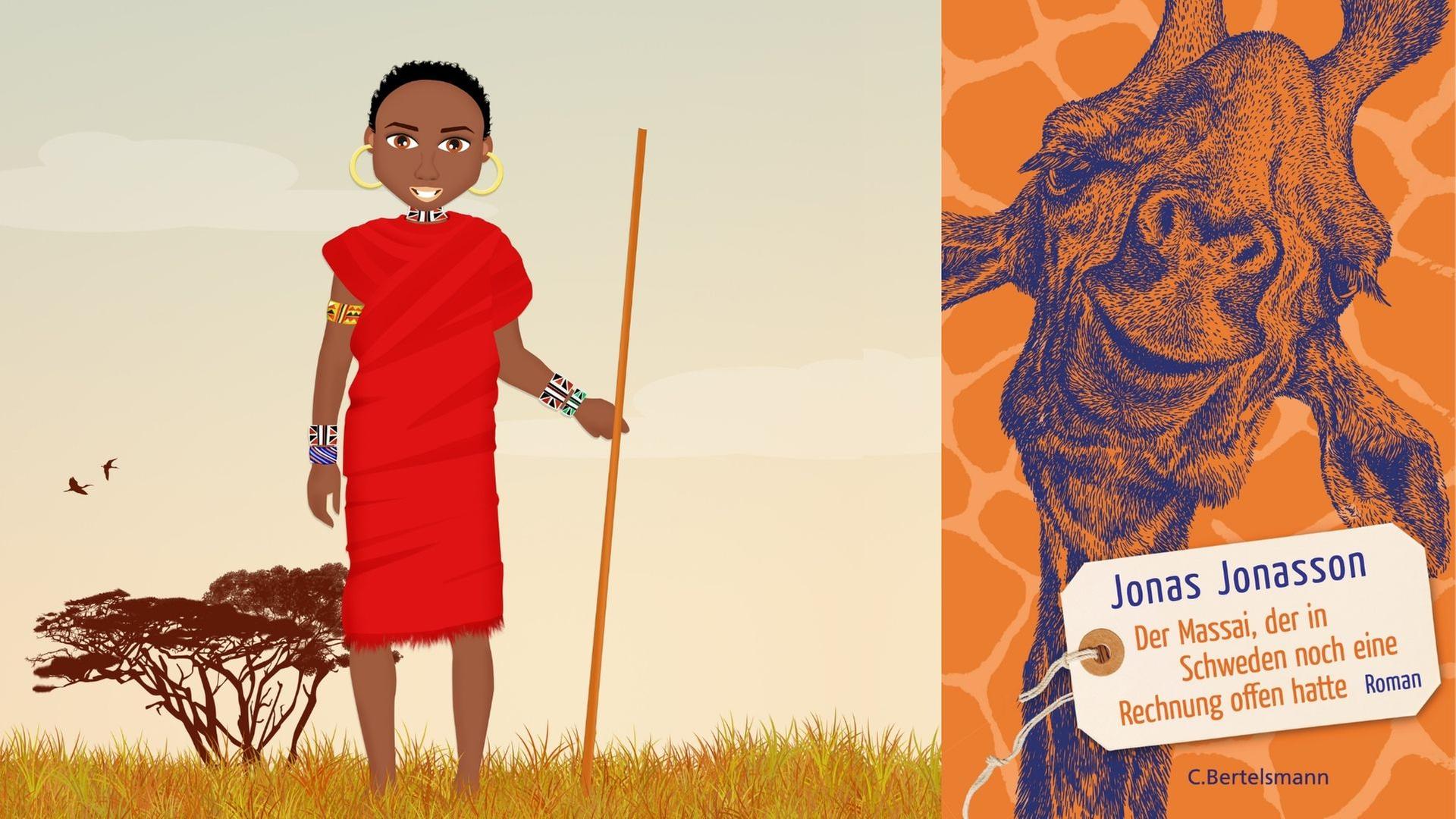 Zeichnung: Massai-Krieger und Buchcover: Jonas Jonasson: „Der Massai, der in Schweden noch eine Rechnung offen hatte“