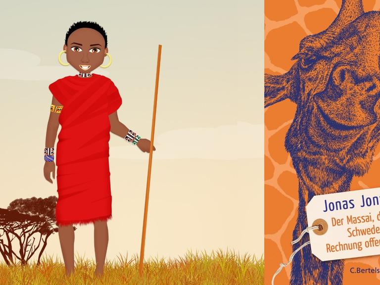 Zeichnung: Massai-Krieger und Buchcover: Jonas Jonasson: „Der Massai, der in Schweden noch eine Rechnung offen hatte“
