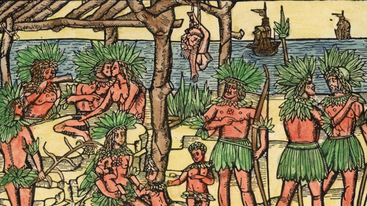 Historische Grafik, die eine Gruppe Indianer mit nacktem Oberkörper, Federkopfschmuck und Baströckchen darstellt. Historische Grafik, die eine Gruppe Indianer mit nacktem Oberkörper, Federkopfschmuck und Baströckchen darstellt.