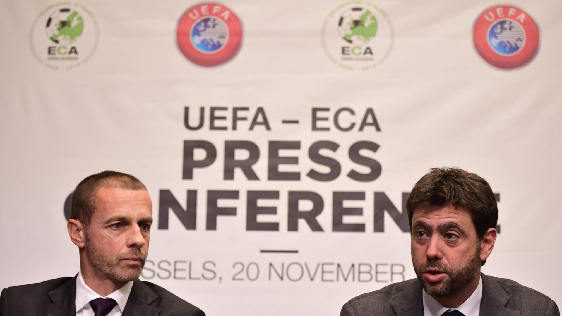 UEFA-Präsident Aleksander Ceferin und der ECA-Vorsitzende Andrea Agnelli bei einer Pressekonferenz in Brüssel am 20.11.2018 UEFA-Präsident Aleksander Ceferin und der ECA-Vorsitzende Andrea Agnelli bei einer Pressekonferenz in Brüssel am 20.11.2018