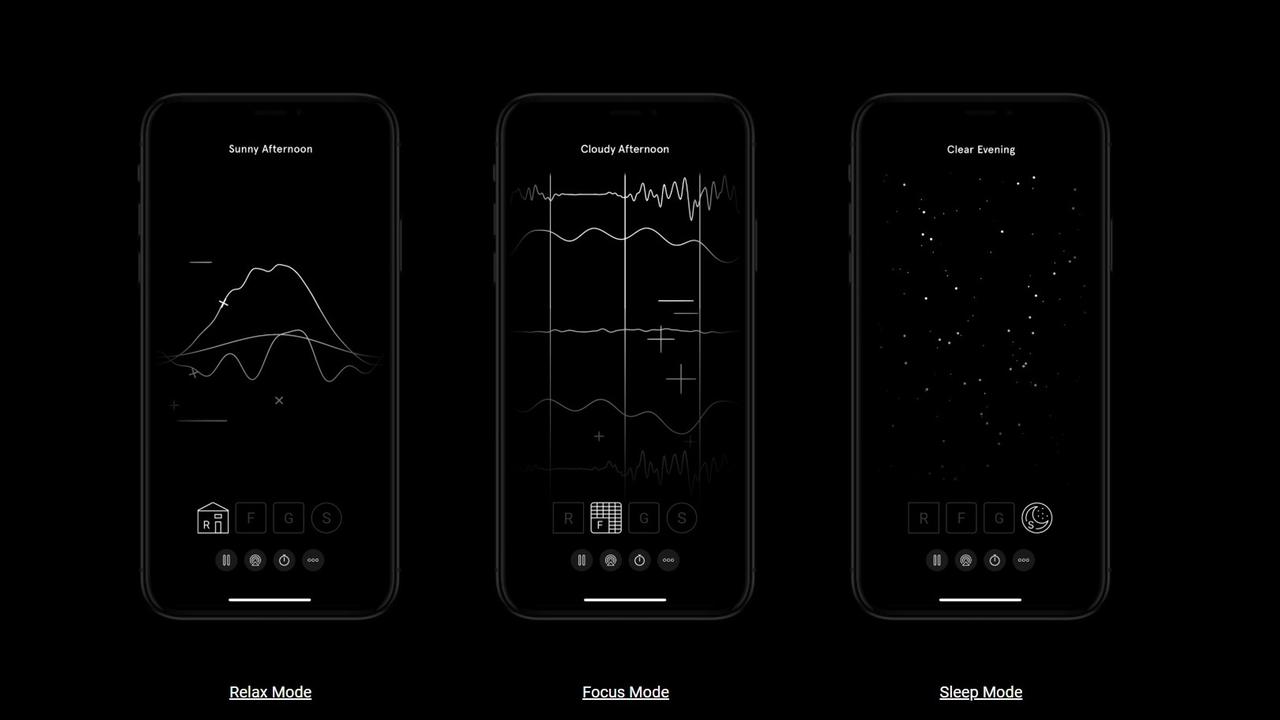 Blick auf die Oberfläche der App "Endel" auf drei Smartphones