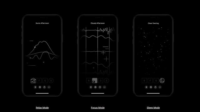 Blick auf die Oberfläche der App "Endel" auf drei Smartphones