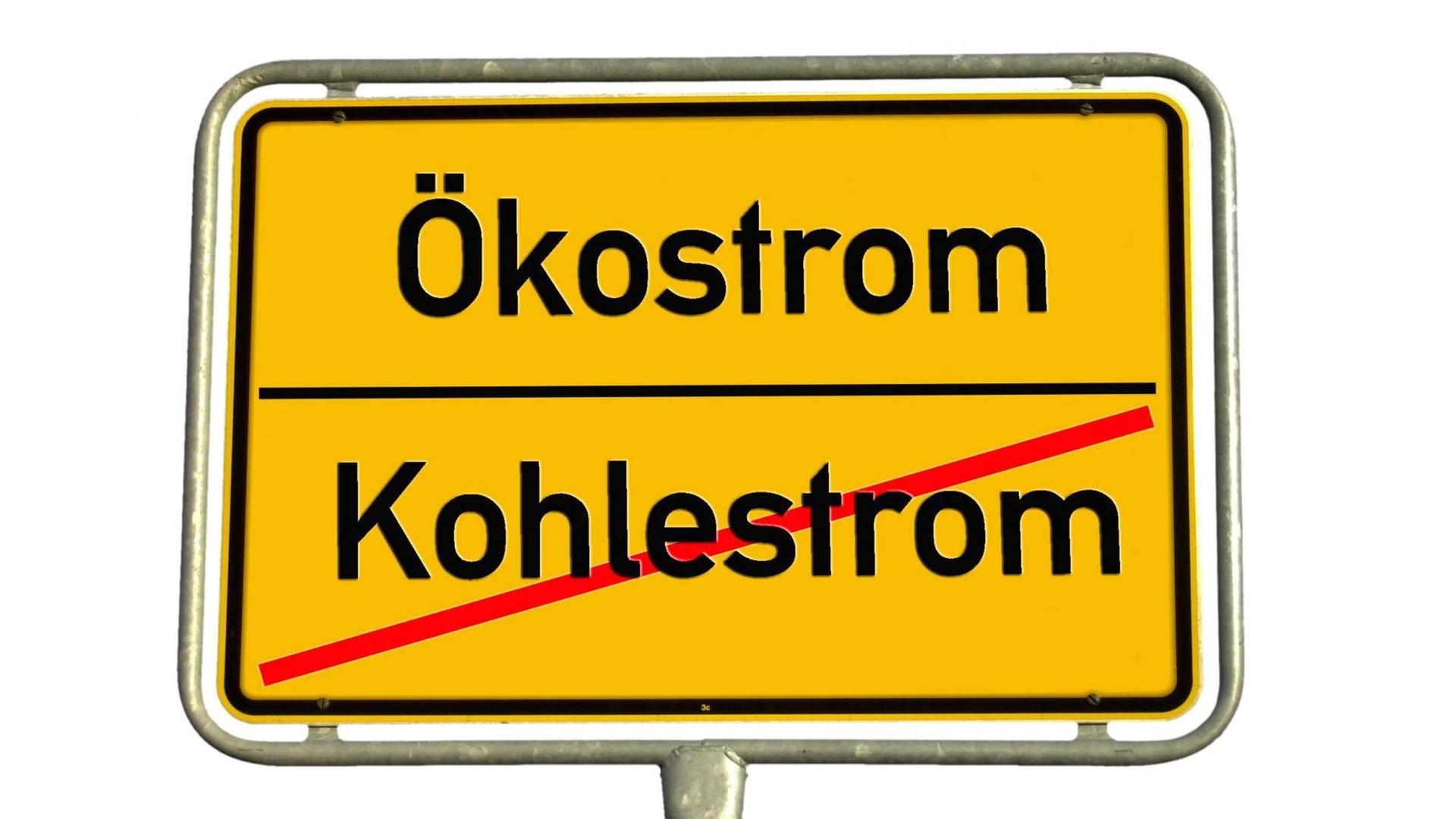Ein symbolisches Ortsausgangsschild mit der Aufschrift Ökostrom Kohlestrom Ortsschild Ökostrom Kohlestrom (Symbolbild) Ein symbolisches Ortsausgangsschild mit der Aufschrift Ökostrom Kohlestrom Ortsschild Ökostrom Kohlestrom (Symbolbild)