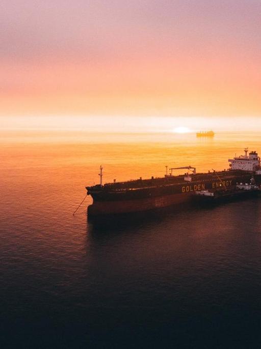 Der Frachter "Golden Energy" fährt im goldenen Morgenlicht durch den Hafen von San Francisco.