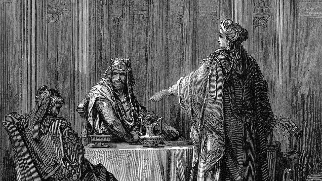 Ester zeigt ihrem Gatten Ahasveros den schuldigen Haman (Stich von Gustave Doré, illustrierte Bibel von 1866) Ester zeigt ihrem Gatten Ahasveros den schuldigen Haman (Stich von Gustave Doré, illustrierte Bibel von 1866)