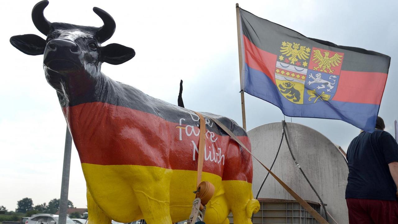 Mit einer Kuhfigur in den deutschen Nationalfarben, die auf einem Anhänger steht, protestieren Bauern in Niedersachsen gegen den Preissturz bei den Milchpreisen. Mit einer Kuhfigur in den deutschen Nationalfarben, die auf einem Anhänger steht, protestieren Bauern in Niedersachsen gegen den Preissturz bei den Milchpreisen.