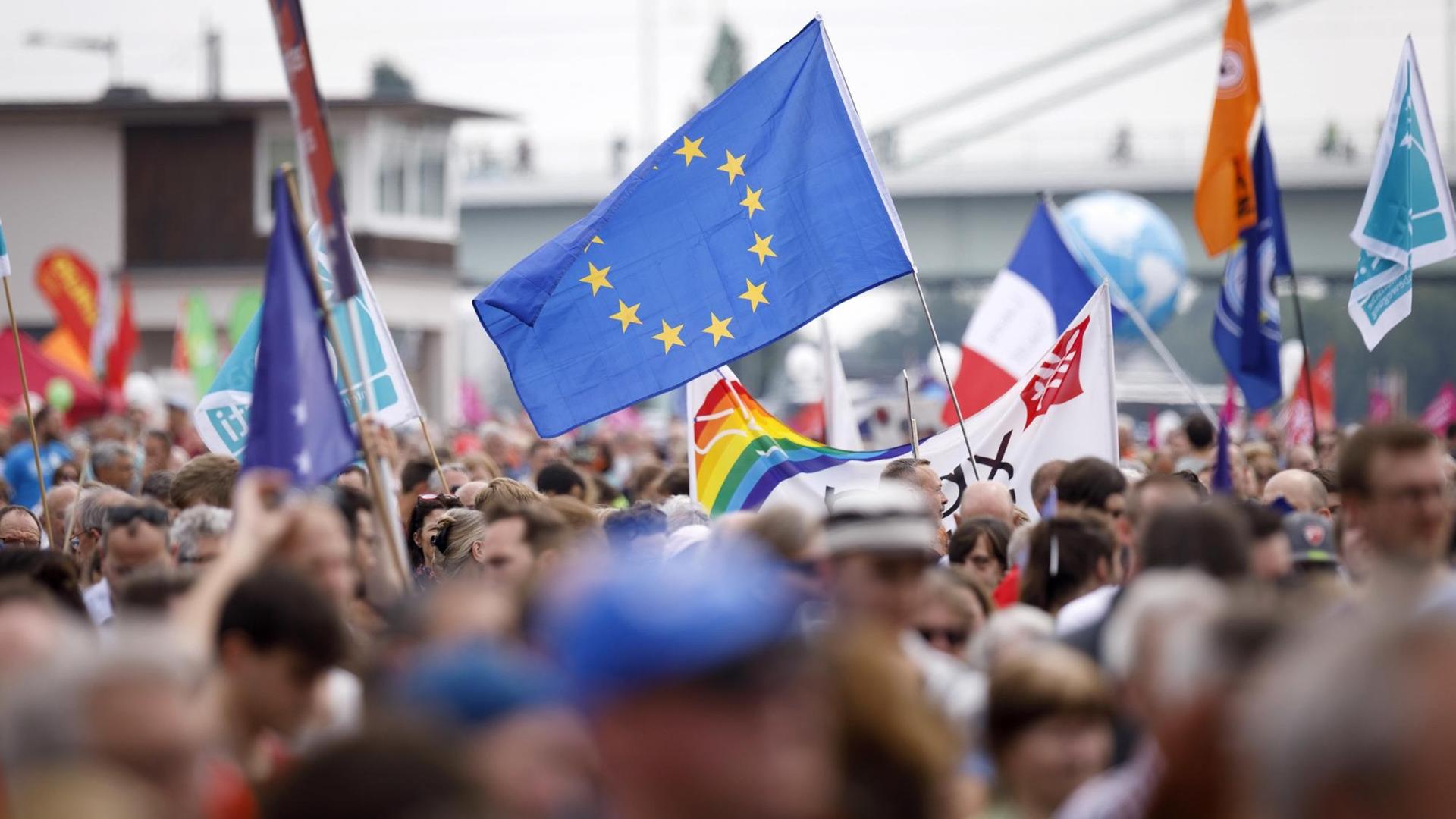 EU-Flaggen bei der Demonstration 'Ein Europa für alle - Deine Stimme gegen den Nationalismus' in Köln vor der Europawahl EU-Flaggen bei der Demonstration 'Ein Europa für alle - Deine Stimme gegen den Nationalismus' in Köln vor der Europawahl