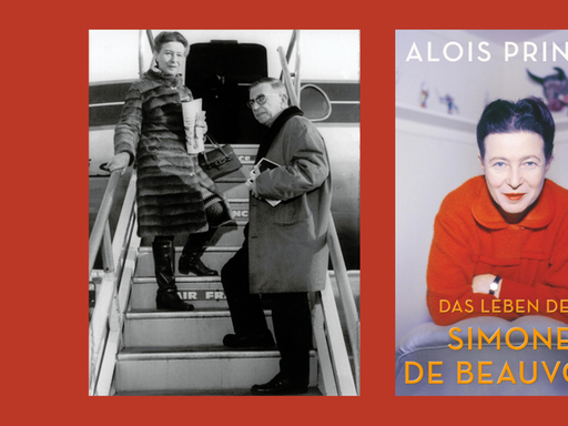 Jean-Paul Sartre und Simone de Beauvoir besteigen ein Flugzeug und das Buchcover von Alois Prinz: "Das Leben der Simone de Beauvori"