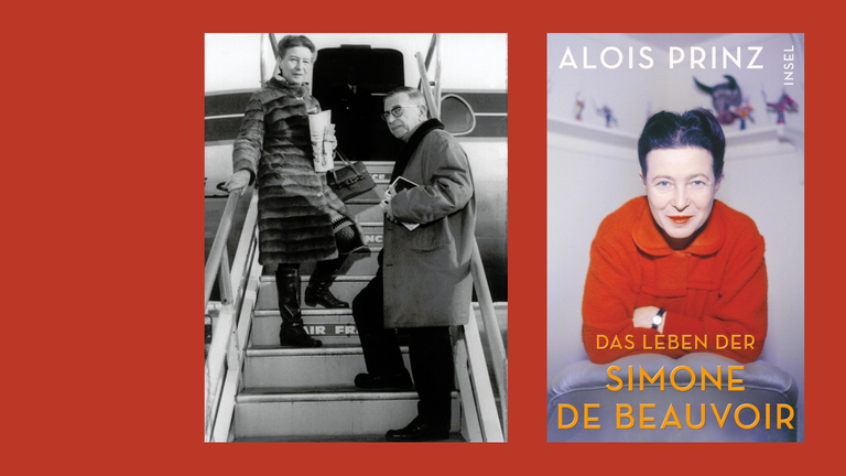 Jean-Paul Sartre und Simone de Beauvoir besteigen ein Flugzeug und das Buchcover von Alois Prinz: "Das Leben der Simone de Beauvori" Jean-Paul Sartre und Simone de Beauvoir besteigen ein Flugzeug und das Buchcover von Alois Prinz: "Das Leben der Simone de Beauvori"