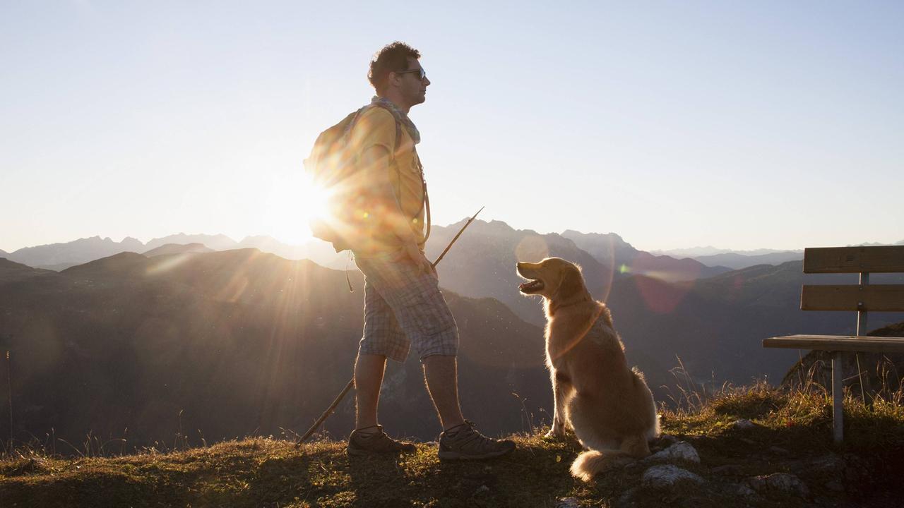 Ein Wanderer spaziert mit seinem Hund in den Bergen. Ein Wanderer spaziert mit seinem Hund in den Bergen.