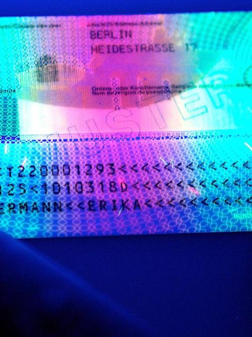 Die Rückseite mit Hologrammen des neuen Personalausweises der Bundesrepublik Deutschland (2010)