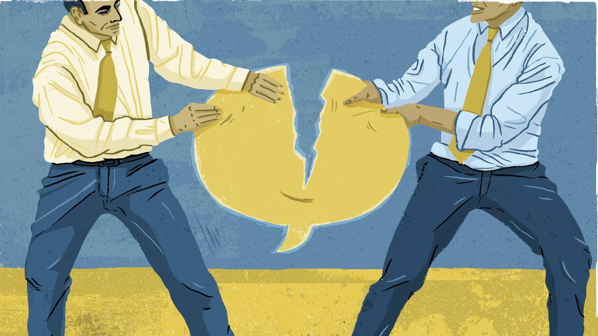 Illustration: Zwei Geschäftsmänner zerreißen eine Sprechblase Illustration: Zwei Geschäftsmänner zerreißen eine Sprechblase