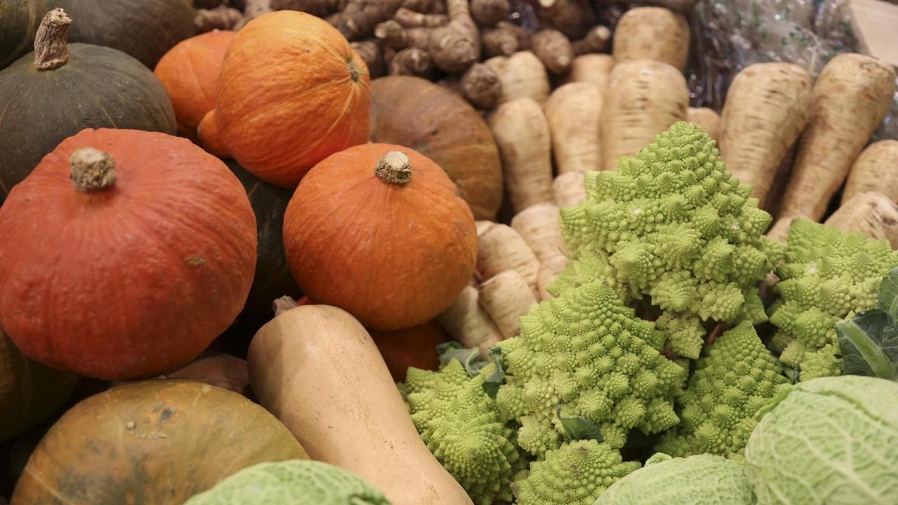 Kürbisse, Pastinaken, Romanesco und Wirsing an einem Messestand auf der Fruit Logistica, Berlin Kürbisse, Pastinaken, Romanesco und Wirsing an einem Messestand auf der Fruit Logistica, Berlin