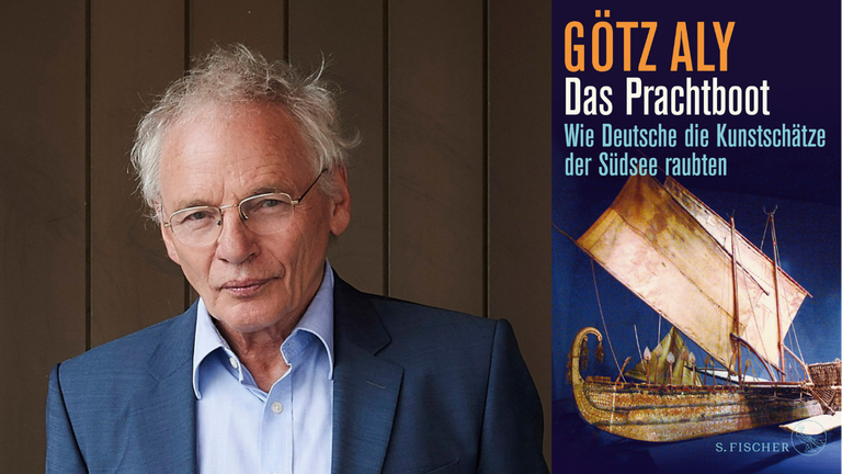 Ein Portrait des Historikers Götz Aly das Buchcover von "Das Prachtboot" Ein Portrait des Historikers Götz Aly das Buchcover von "Das Prachtboot"