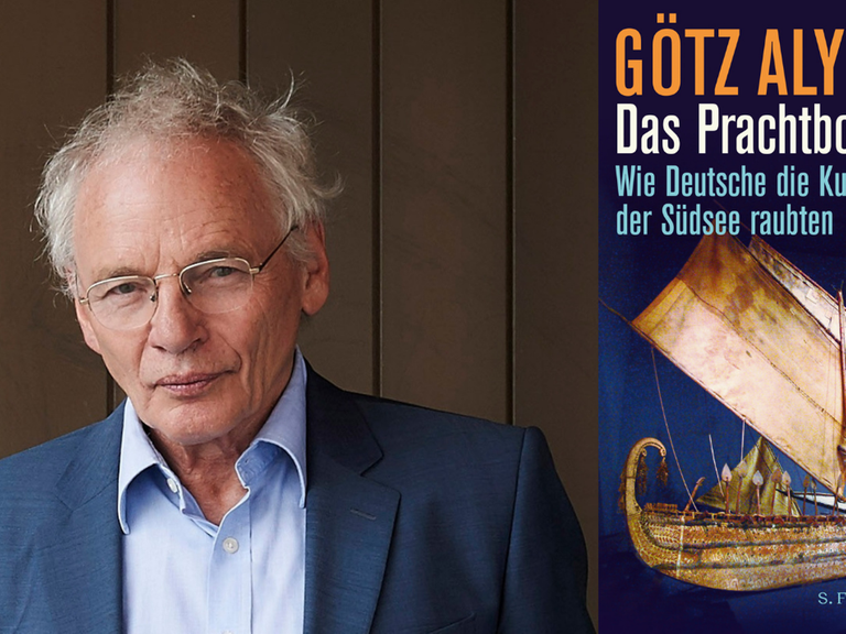 Ein Portrait des Historikers Götz Aly das Buchcover von "Das Prachtboot"