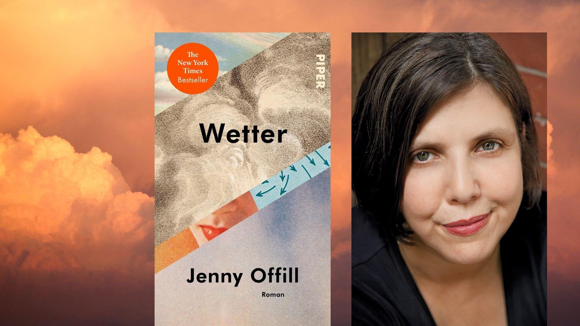 Vordergrund: Buchcover "Wetter" sowie ein Portrait der Autorin Jenny Offill / Hintergrund: Stockimage Wolken