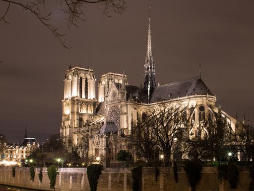 Notre Dame, die berühmte Kirche an der Seine in Paris, bei Nacht