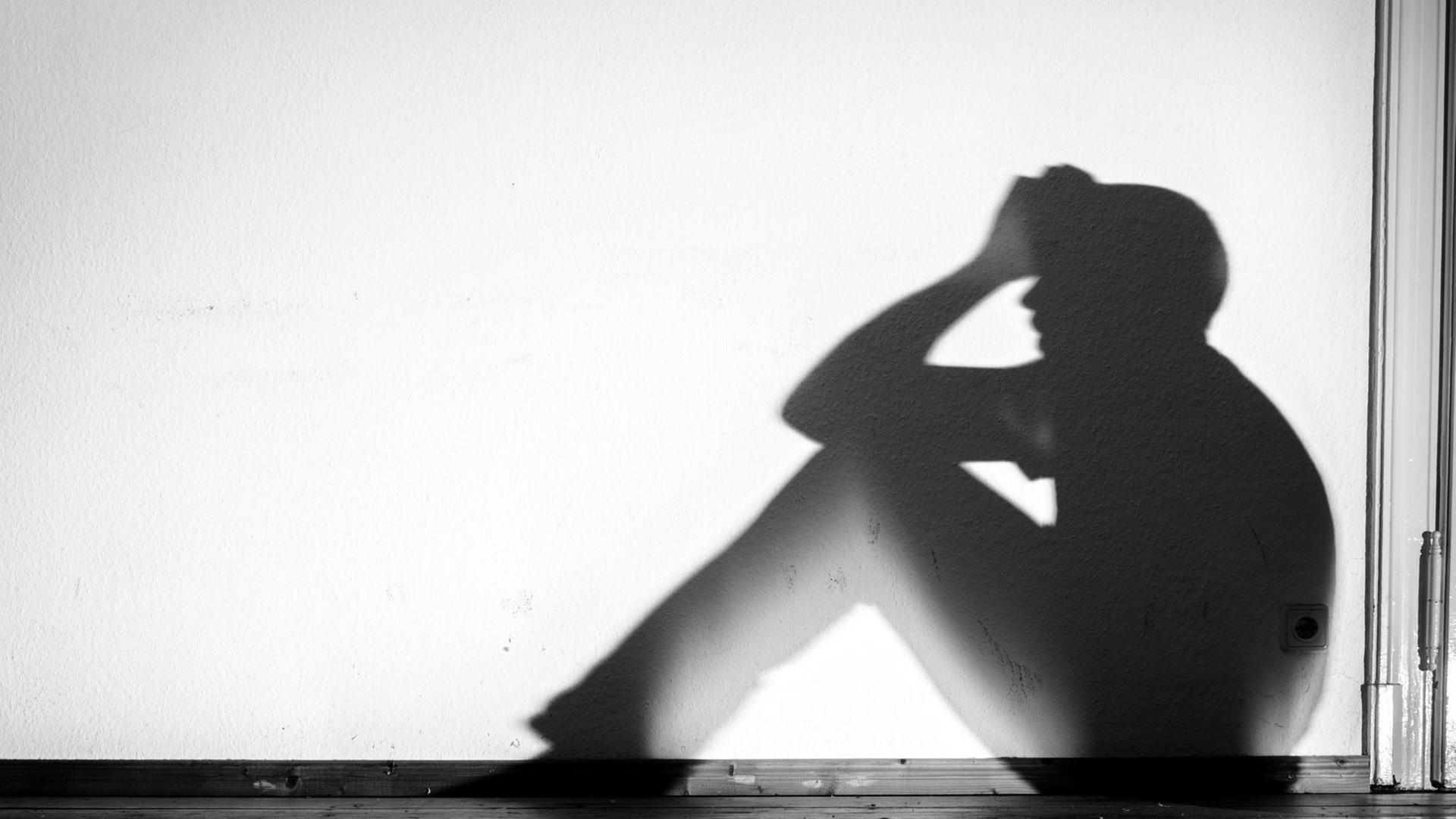 Der Schatten eines Mannes in verzweifelter Haltung wird an eine weiße Wand geworfen, aufgenommen am 01.02.2015 in Dresden (Sachsen) Der Schatten eines Mannes in verzweifelter Haltung wird an eine weiße Wand geworfen, aufgenommen am 01.02.2015 in Dresden (Sachsen)