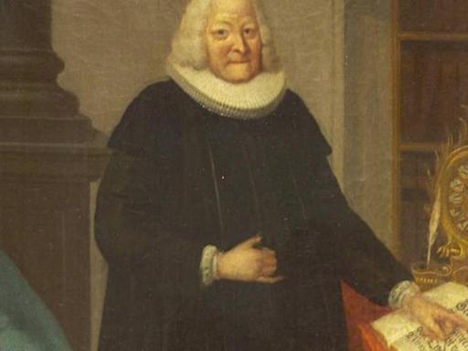 Gemälde eines Mannes mit Pfarrerskutte und weißem Kragen.