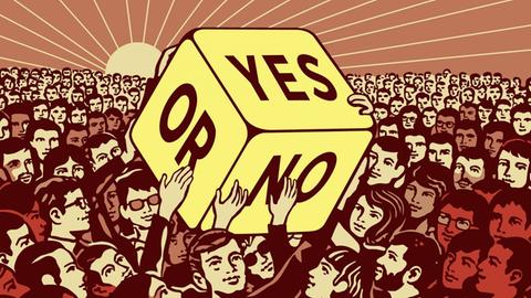 Illustration einer Menschenmenge übergibt großen Würfel mit Ja oder Nein-Entscheidung.