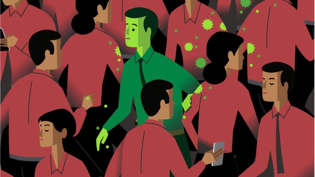 Illustration einer dichten, roten Gruppe von Menschen, in der ein grün ...</p>

                        <a href=