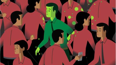 Illustration einer dichten, roten Gruppe von Menschen, in der ein grün gefärbter Mensch, grüne Vieren verbreitet.