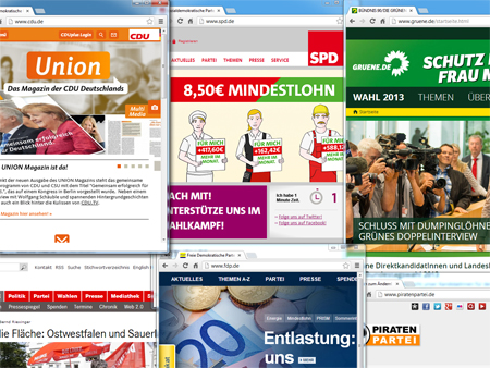 Bildschirmfoto von den Onlinewahlkampfauftritten der CDU, SPD, Grünen, Linke, FDP und Piratenpartei (im Uhrzeigersinn) Bildschirmfoto von den Onlinewahlkampfauftritten der CDU, SPD, Grünen, Linke, FDP und Piratenpartei (im Uhrzeigersinn)