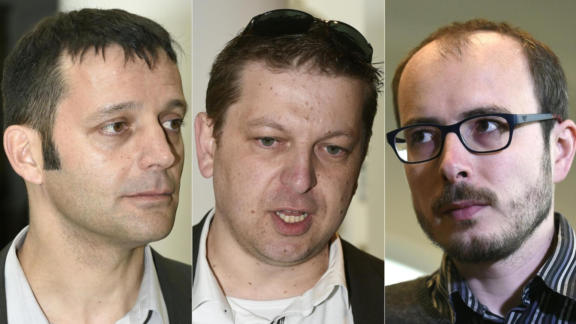 Porträts der Angeklagten im LuxLeaks-Prozess: der französische Journalist Edouard Perrin und die beiden ehemaligen PwC-Mitarbeiter Raphael Halet und Antoine Deltour