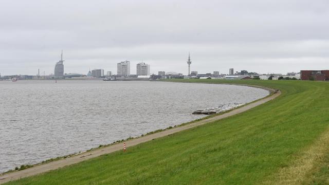 Der Deich am Naturschutzgebiet Luneplate, mit dem Blick auf Bremerhaven im Hintergrund.